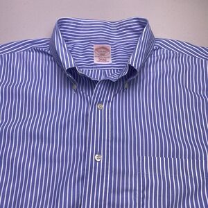 Brooks Brothers 346 Shirt 17.5 6 7 Mens L/S Button Down Blue Bengal Stripe FLAWS